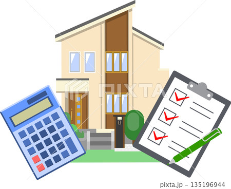 一軒家とチェックリストと電卓のイラスト 一軒家とチェックリストと電卓のイラスト 135196944
