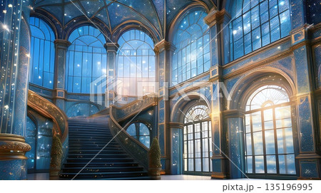 ゲーム背景　美しいステンドグラスの窓があるホール宮殿とカーブ階段 135196995