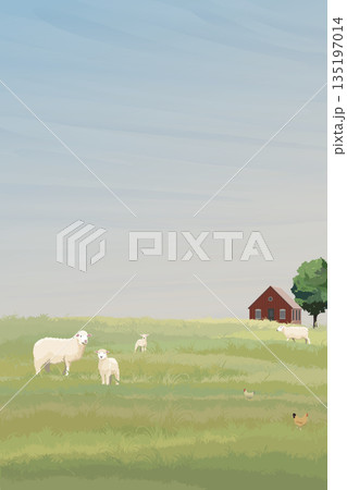 Rural farm minimalism landscape in the morning graphic illustration with blank space. Livestock flat design for eco or daily products advertisement. 135197014