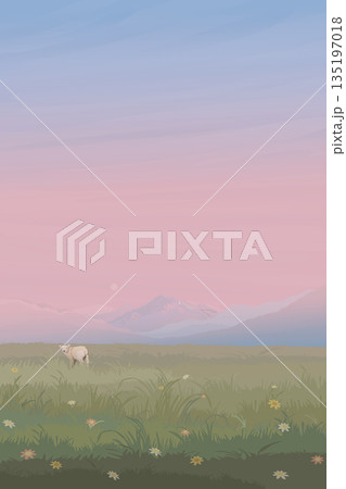 Minimalist sunset landscape grass hill with one sheep have mountain ranges behind graphic illustrated have vertical blank space. 135197018