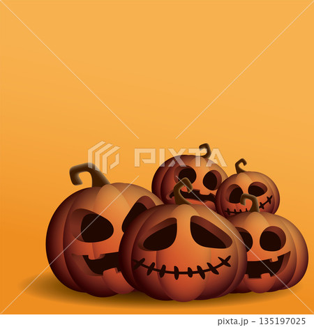 3D Halloween pumpkins on orange background graphic illustration have blank space. 3D Halloween pumpkins on orange background graphic illustration have blank space. 135197025