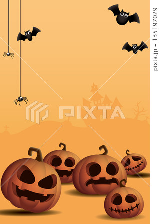 3D Halloween pumpkins, bats and spiders on orange vertical background graphic illustration have blank space. 135197029