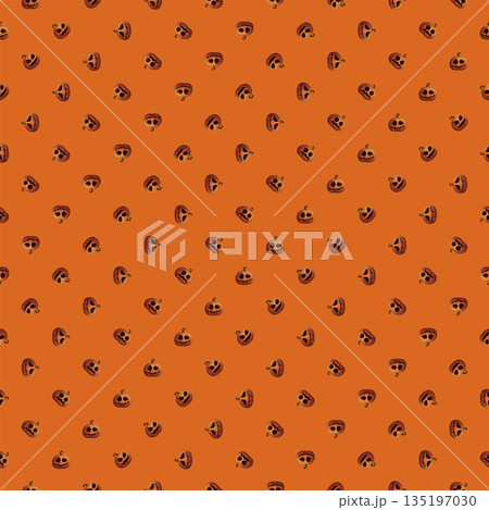 3D Halloween pumpkin various face rotation seamless pattern on orange background graphic illustration. Wrapping paper Halloween theme template. 135197030