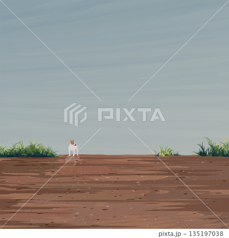 Minimalism landscape side view of muddy area after the rain have a dog standing on a puddle graphic illustration have blank space 135197038
