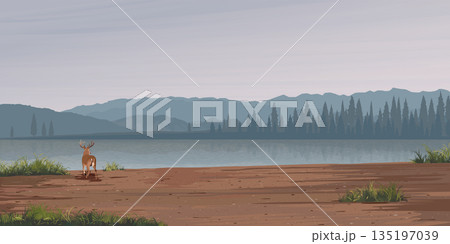 Minimalism landscape side view of muddy area with deer, lake, pine forest and mountain ranges  graphic illustration have blank space 135197039