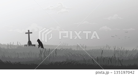Man in black hood pays respect to a grave in the field monochromatic minimalism landscape graphic illustration have blank space at sky. Man in black hood pays respect to a grave in the field monochromatic minimalism landscape graphic illustration have blank space at sky. 135197042