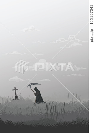 Angel of Death in graveyard monochromatic minimalism landscape graphic illustration have blank space at sky. Angel of Death in graveyard monochromatic minimalism landscape graphic illustration have blank space at sky. 135197043
