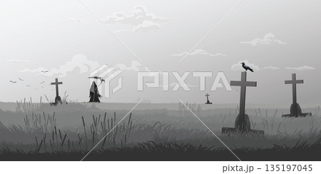 Angel of Death in graveyard in foggy day monochromatic minimalism landscape graphic illustration have blank space. Angel of Death in graveyard in foggy day monochromatic minimalism landscape graphic illustration have blank space. 135197045