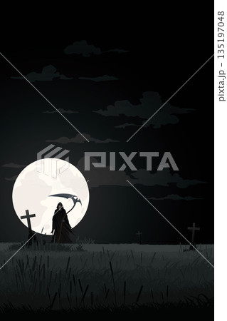 Night at graveyard with Angel of Death have full moon with vertical background monochromatic minimalism landscape graphic illustration have blank space. Night at graveyard with Angel of Death have full moon with vertical background monochromatic minimalism landscape graphic illustration have blank space. 135197048