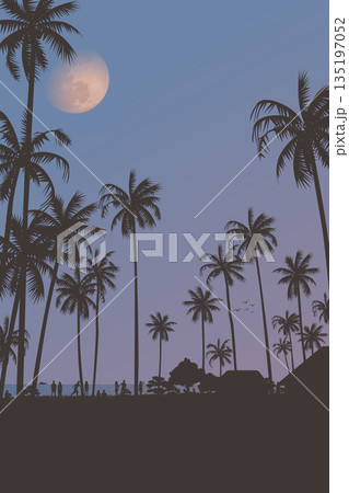 Silhouetted coconut palm trees at the beach with half moon and twilight sky vertical background fade condition graphic illustration. 135197052
