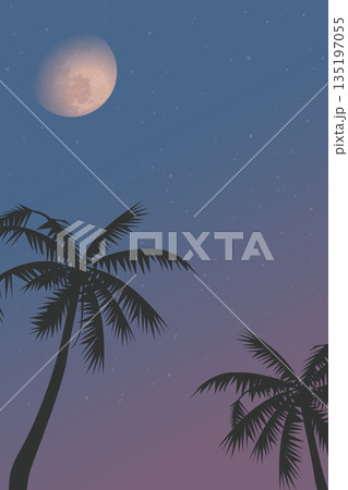 Silhouetted coconut palm trees with half moon and twilight sky vertical background graphic illustration have blank space. Silhouetted coconut palm trees with half moon and twilight sky vertical background graphic illustration have blank space. 135197055