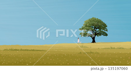 Minimalist flower field landscape and big tree with a woman handling her dog on the leash graphic illustrated have blank space. Minimalist flower field landscape and big tree with a woman handling her dog on the leash graphic illustrated have blank space. 135197060
