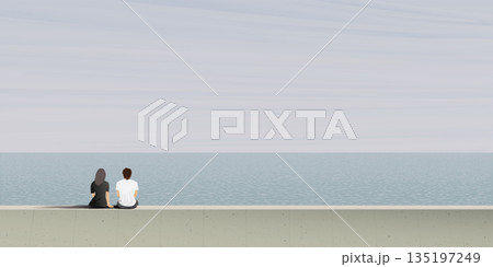 Couple of lover sitting on barrier at seaside in a foggy day graphic illustration. Honeymoon concept illustrate minimalism have blank space. 135197249