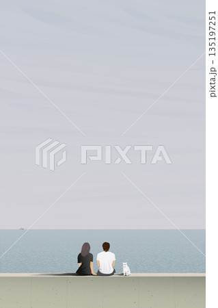 Couple of lover with cat sitting on barrier at seaside in a foggy day graphic illustration. Travel with pet landscape minimalism concept vertical shape have blank space. 135197251