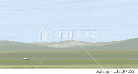 Car on local road through the field at countryside flat design graphic illustrated have blank space. Minimalism countryside landscape transportation concept. 135197252
