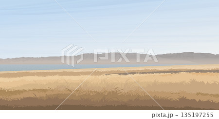 Minimalist landscape of grass field, lake and mountain ranges in autumn season flat design graphic illustrated. 135197255
