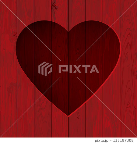 Abstract 3D heart frame on red painted cut timber panels square background with blank space. Valentine's day greeting card square template. 135197309