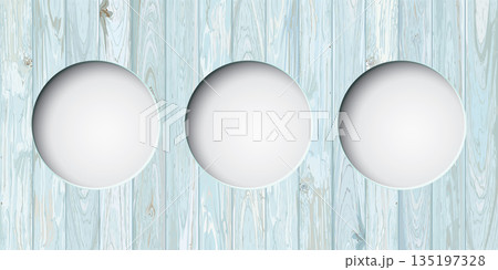 Three of abstract 3D circle frame paper cut style on cut timber panels turquoise blue colors distressed weathered fade condition graphic background illustrated. 135197328