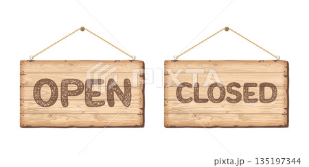 Open and Closed hanging signboard rectangle isolated made from cut timber panels whitewashed texture graphic illustration. Information sign for cafe, restaurant, bar or retail store. 135197344