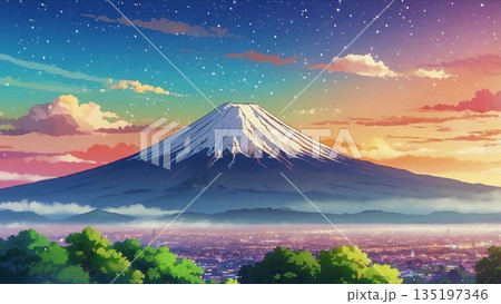 日本のおめでたい吉兆の富士山と夕陽彩雲が見える写真風景 135197346