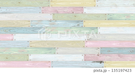 Mixed used cut timber panels colorful painted fade condition and held together with brass rivets graphic illustrated. Wooden texture pattern tropical style. 135197423