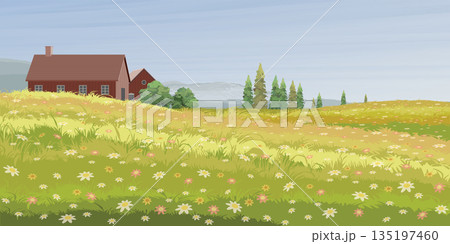 Country house in colorful flower fields hill landscape with mountain range behind graphic illustration. Country house in colorful flower fields hill landscape with mountain range behind graphic illustration. 135197460