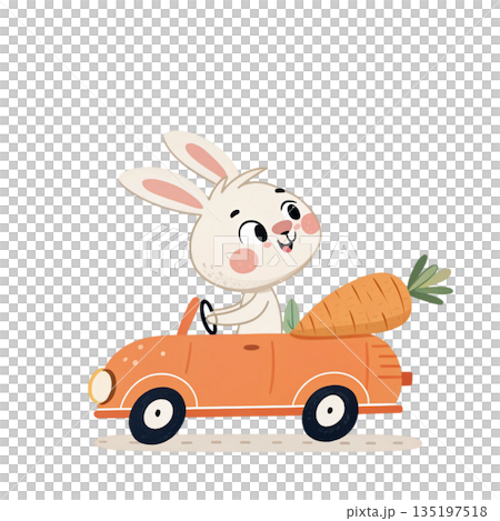 Charming bunny character in a carrot shaped car white background Charming bunny character in a carrot shaped car white background 135197518