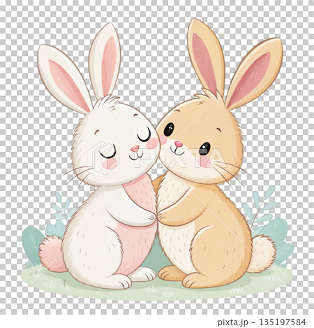 Cute animal illustration of three rabbits hugging white background  135197584