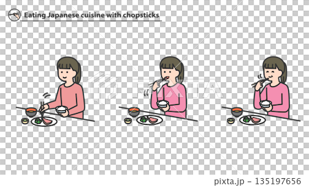 Girl eating Japanese food with chopsticks Girl eating Japanese food with chopsticks 135197656