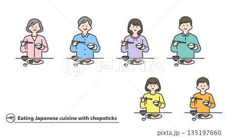 箸で和食を食べる人物　セット 135197660