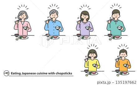 箸で和食を食べる人物　セット 135197662