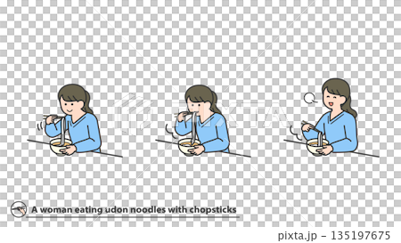 Woman eating udon noodles with chopsticks, facial expression variations, set 135197675