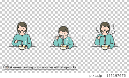 Woman eating udon noodles with chopsticks, facial expression variations, set 135197676