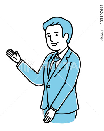 片手をあげて案内する中高年男性・シニア・薄い青のスーツ・制服・笑顔・医療・介護・接客・ベクター 135197695