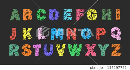 Childlike and playful crayon alphabet. English letters and funky chalk texture for school or party. Bold and colorful doodle font for education or design. Vector illustration Childlike and playful crayon alphabet. English letters and funky chalk texture for school or party. Bold and colorful doodle font for education or design. Vector illustration 135197721