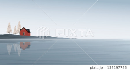 Minimalist seaside landscape with country house front view and pine trees graphic illustrated have blank space. 135197736