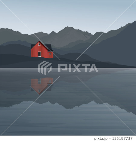 Minimalist seaside landscape with country house and mountain ranges graphic illustrated have blank space. Minimalist seaside landscape with country house and mountain ranges graphic illustrated have blank space. 135197737