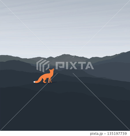 Lonely fox howling on the hill in minimalist countryside landscape with silhouette mountain ranges graphic illustrated have blank space. Lonely fox howling on the hill in minimalist countryside landscape with silhouette mountain ranges graphic illustrated have blank space. 135197739