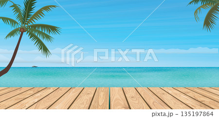 Wooden pier with tropical blue sea background template vector illustration have blank space for advertisement or products presentation. 135197864