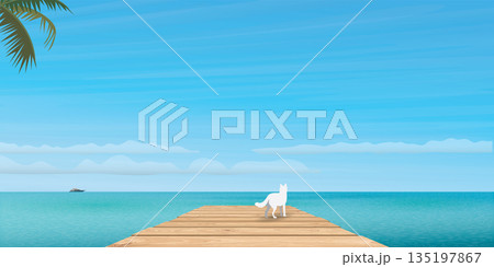 Dog on wooden pier at seaside with blue sky background vector illustration. Travelling with pet to the tropical blue sea concept have blank space. Dog on wooden pier at seaside with blue sky background vector illustration. Travelling with pet to the tropical blue sea concept have blank space. 135197867