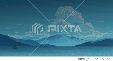Fishing boat in lake with mountain ranges landscape before it's rains vector illustration. 135197872