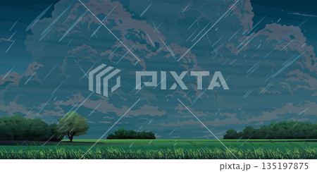 Raining in countryside rice fields landscape flat design graphic vector illustration have blank space. 135197875