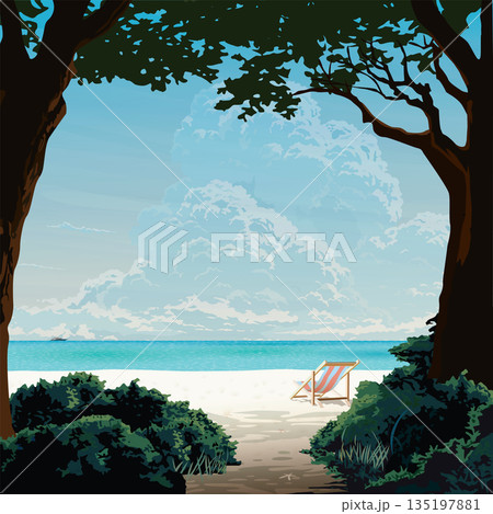 Silhouette tree with bush foreground have the beach, chair and tropical blue sea square background graphic illustrated. Vacation traveling concept flat design. 135197881