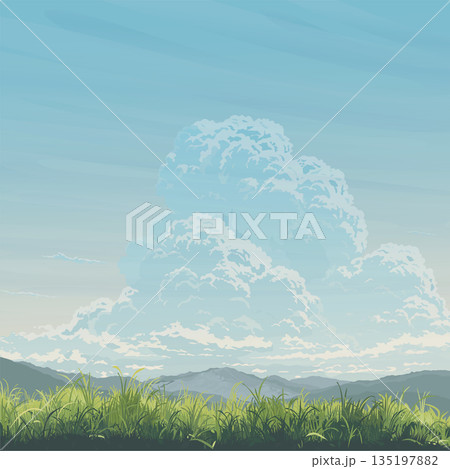 Countryside glass fields landscape with mountain range flat design graphic illustration have blank space. 135197882