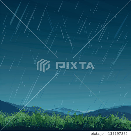 Raining in countryside landscape have glass fields, mountain range and dusk sky background flat design graphic illustration have blank space. 135197883
