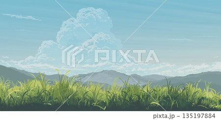 Countryside glass fields landscape with mountain range flat design graphic illustration have blank space. Countryside glass fields landscape with mountain range flat design graphic illustration have blank space. 135197884
