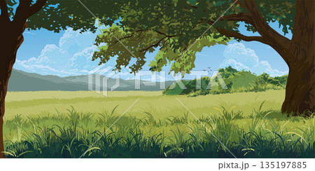 Countryside glass fields landscape with mountain range flat design graphic illustration. 135197885