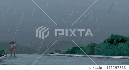 Couple of elderly lover walking in rain with umbrella back to home at countryside flat design graphic illustrated have blank space. Couple of elderly lover walking in rain with umbrella back to home at countryside flat design graphic illustrated have blank space. 135197888
