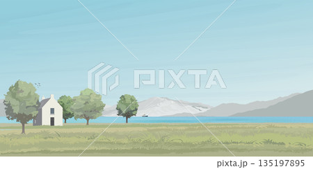 Rural landscape side view with lake, hills, field, trees, grass, country house and mountain ranges graphic illustrated have blank space. 135197895