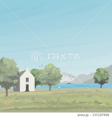Rural landscape side view with lake, hills, field, trees, grass, country house and mountain ranges graphic illustrated have blank space. 135197896